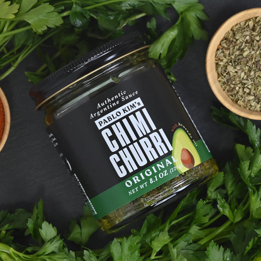 Pablo Kim's Original Chimichurri Avocado oil 8.1oz laid flat