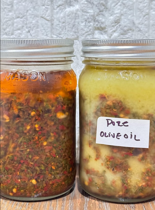 2 jars of chimichurri side to side one with canola oil and one with pure olive oil comparing  visually
